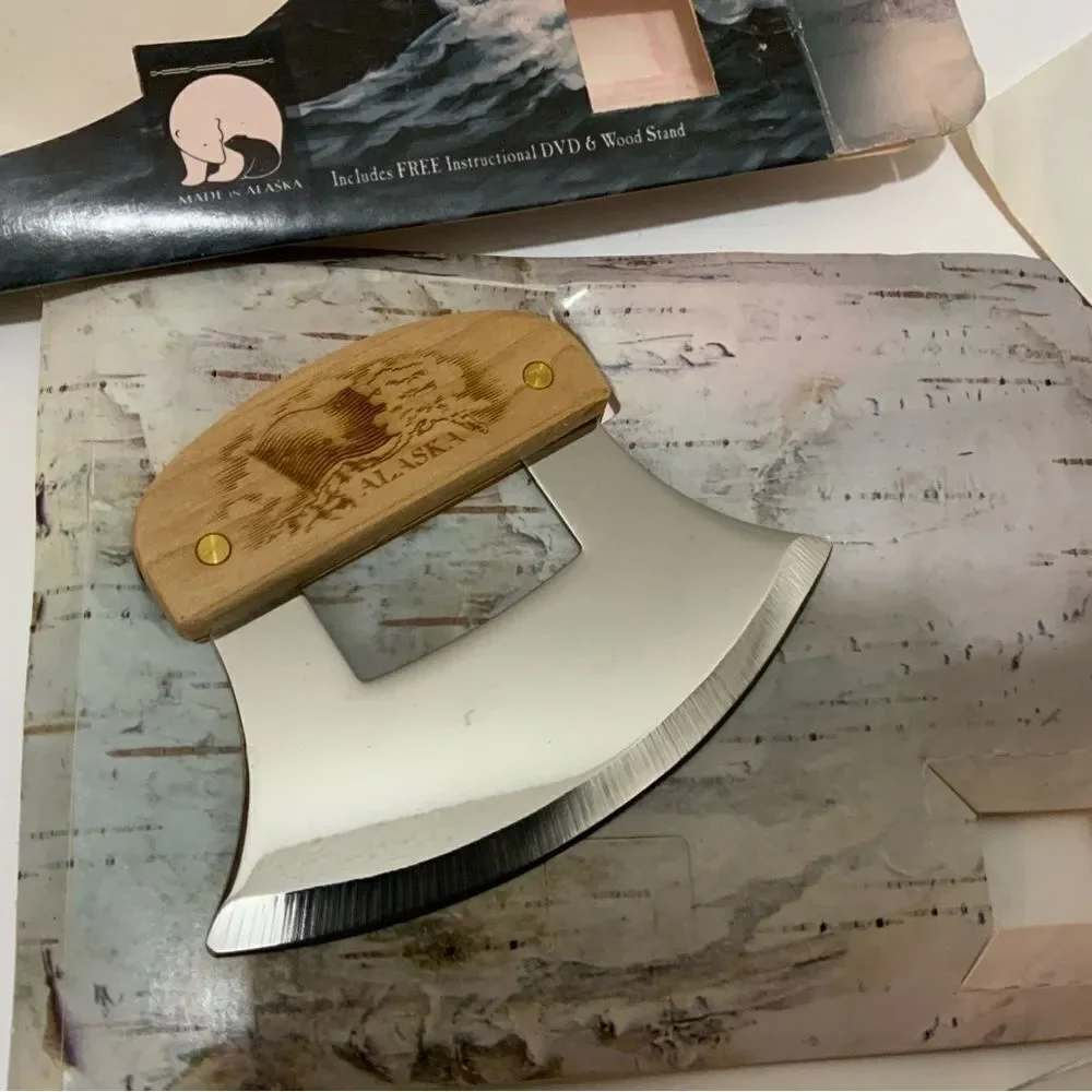 New Genuine Alaska Birch Wood Alaskan Ulu Knife + DVD. K3